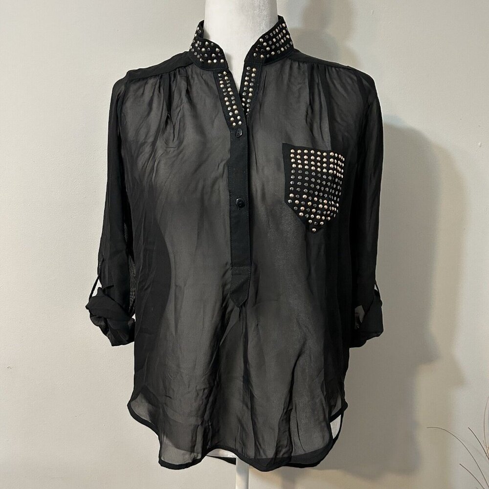 Carrie Allen Black Sheer High Low Top Blouse Studded Roll Tab 3/4 Sleeve Size M